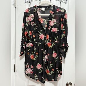 Sirenlily Maternity Blouse Womens XL Black Pink Floral Sheer 3/4 Sleeve Romantic